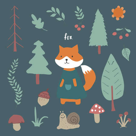 Cute Fox in forest. Cartoon Animal in Woodland with trees and plants. Vector illustration.のイラスト素材