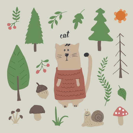 Cute Cat in forest. Cartoon Animal in Woodland with trees and plants. Vector illustration.のイラスト素材