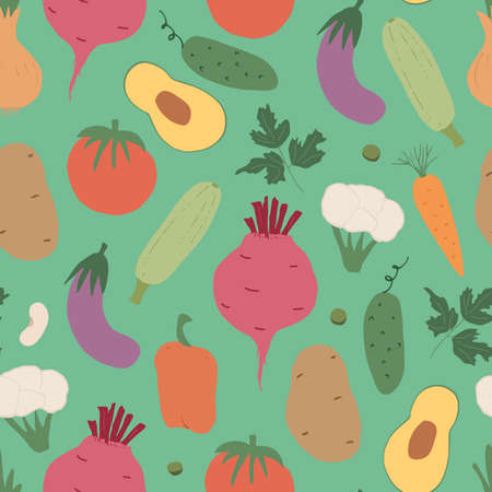 Vegetables seamless pattern. Vegetarian healthy bio food background, Vegan organic eco products pepper, tomato, cucumber, carrot, potato, avocado, beans and peas. Vector illustration.のイラスト素材
