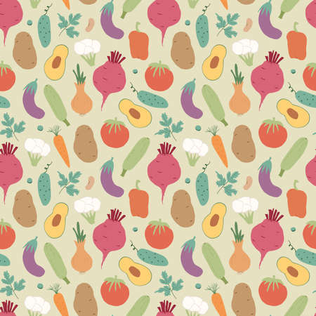 Vegetables seamless pattern. Vegetarian healthy bio food background, Vegan organic eco products pepper, tomato, cucumber, carrot, potato, avocado, beans and peas. Vector illustration.のイラスト素材