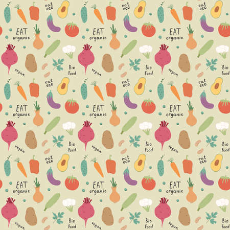 Vegetables seamless pattern. Vegetarian healthy bio food background, Vegan organic eco products pepper, tomato, cucumber, carrot, potato, avocado, beans and peas. Vector illustration.のイラスト素材