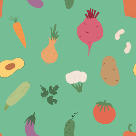 Vegetables seamless pattern. Vegetarian healthy bio food background, Vegan organic eco products pepper, tomato, cucumber, carrot, potato, avocado, beans and peas. Vector illustration.のイラスト素材