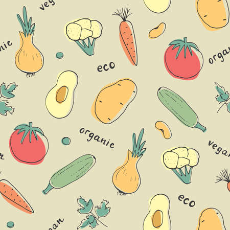 Vegetables seamless pattern. Vegetarian healthy bio food background, Vegan organic eco products pepper, tomato, cucumber, carrot, potato, avocado, beans and peas. Vector illustration.のイラスト素材