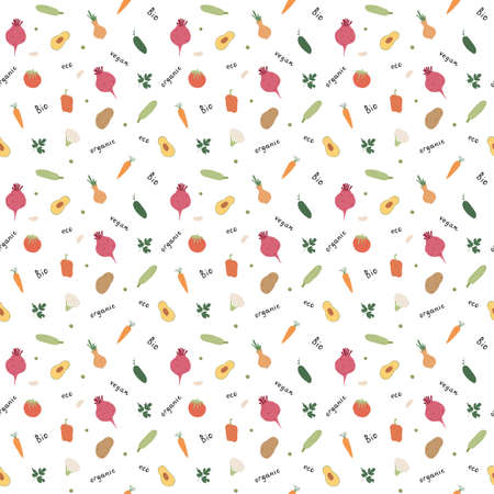 Vegetables seamless pattern. Vegetarian healthy bio food background, Vegan organic eco products pepper, tomato, cucumber, carrot, potato, avocado, beans and peas. Vector illustration.のイラスト素材
