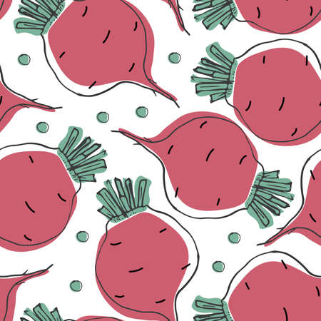 Beetroot Vegetables seamless pattern. Vegetarian healthy bio food background, Vegan organic eco products. Vector illustration.のイラスト素材