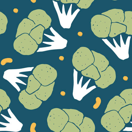 Broccoli or Cauliflower Vegetables seamless pattern. Vegetarian healthy bio food background, Vegan organic eco products. Vector illustration.のイラスト素材