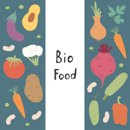 Vegetables seamless pattern. Vegetarian healthy bio food background, Vegan organic eco products pepper, tomato, cucumber, carrot, potato, avocado, beans and peas. Vector illustration.のイラスト素材