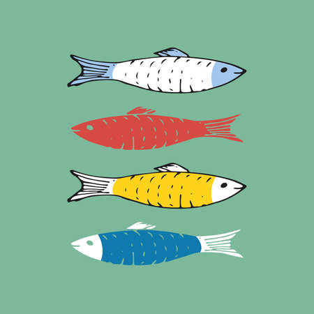 Fish set, Cartoon fish sketch doodle, Vector illustration.のイラスト素材