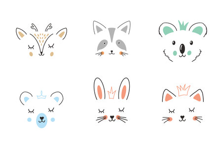 Cute Animal face. Cartoon animals collection, deer, raccoon, koala, bear, rabbit and cat. Vector illustration.のイラスト素材