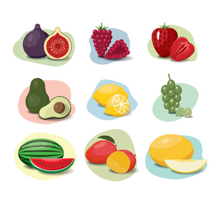 Fruit cartoon set. Vegan organic eco products collection. vector illustration.のイラスト素材