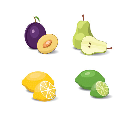 Fruit cartoon set. Vegan organic eco products collection. vector illustration.のイラスト素材