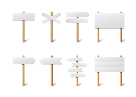 Blank signboards set. Empty signage banners collection. White sign templates, vector illustration.のイラスト素材