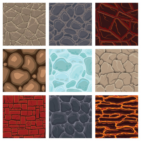 Cartoon game textures, lava, ice, rocks and brick, dirt and ground surface seamless patterns. Game assets walls and environment backgrounds.のイラスト素材