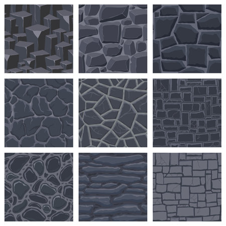 Cartoon game textures, rocks, dirt and ground surface seamless patterns. Game assets walls and environment backgrounds.のイラスト素材