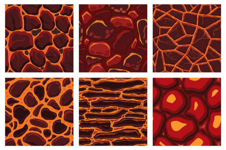 Cartoon game textures, lava surface seamless patterns. Game assets walls and environment backgrounds.のイラスト素材
