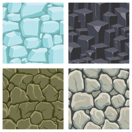 Cartoon game textures, ice, rocks and brick, dirt and ground surface seamless patterns. Game assets walls and environment backgrounds.のイラスト素材