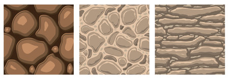 Cartoon game textures, rocks, dirt and ground surface seamless patterns. Game assets walls and environment backgrounds.のイラスト素材