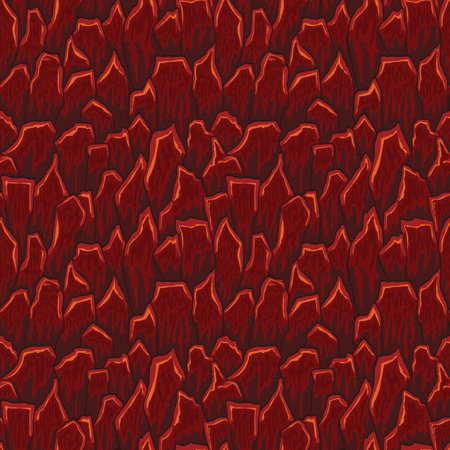 Cartoon game texture, lava surface seamless pattern. Game asset walls and environment background.のイラスト素材
