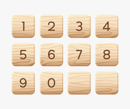 Wooden tiles alphabet. Square block with numbers. Game asset, puzzle games UI, vector illustration.のイラスト素材