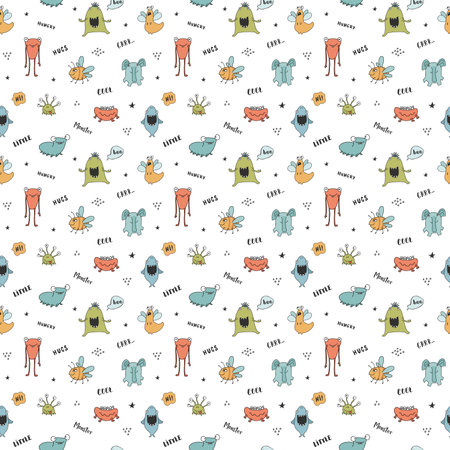 Cute monsters seamless pattern. Cartoon monsters background. Vector illustration.のイラスト素材