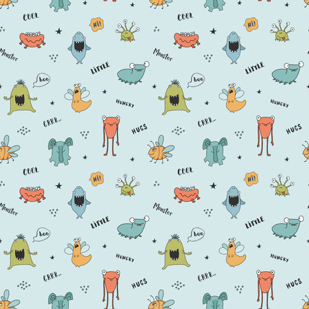 Cute monsters seamless pattern. Cartoon monsters background. Vector illustration.のイラスト素材
