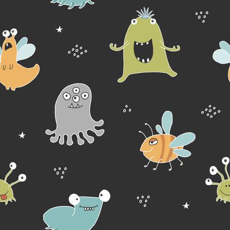 Cute monsters seamless pattern. Cartoon monsters background. Vector illustration.のイラスト素材