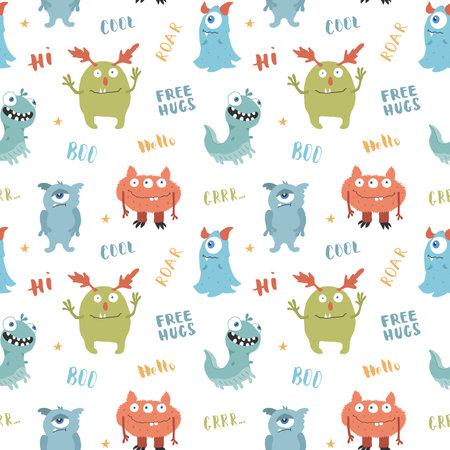 Cute monsters seamless pattern. Cartoon monsters background. Vector illustration.のイラスト素材