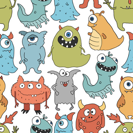 Cute monsters seamless pattern. Cartoon monsters background. Vector illustration.のイラスト素材