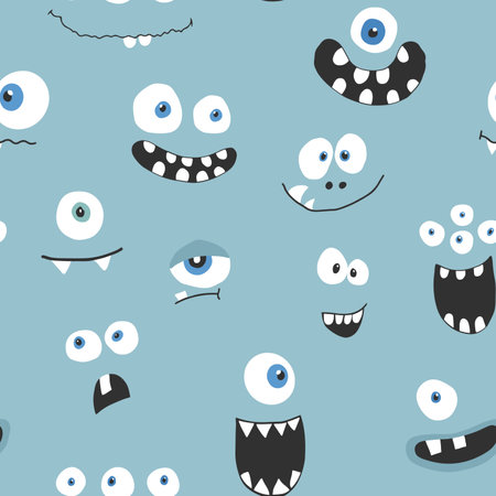 Cute monster faces seamless pattern. Cartoon monsters background. Vector illustration.のイラスト素材