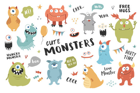 Cute monsters set. Cartoon monsters collection. Vector illustrationのイラスト素材