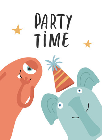 Cute monster birthday greeting card. Vector illustrationのイラスト素材