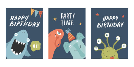 Birthday cards set with Cute monsters. Cartoon monsters collection. Vector illustration.のイラスト素材