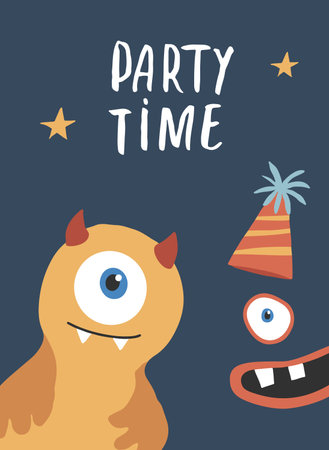 Cute monster birthday greeting card. Vector illustrationのイラスト素材