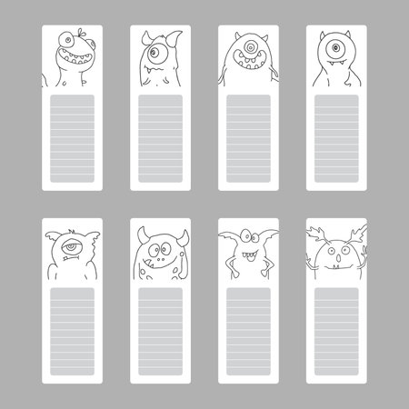 Bookmarks with cute monster set, Cartoon monsters sticker collection. Vector illustrationのイラスト素材