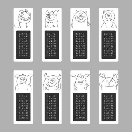 Multiplication table with cute monsters, Cartoon monster bookmarks collection. Vector illustrationのイラスト素材