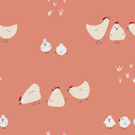 Cute Cartoon chicken and hen Seamless Pattern, Background vector Illustration.のイラスト素材