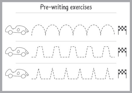 Basic writing exercises. Trace line worksheets for children. Preschool handwriting practice. Vector illustration. A4 - ready to print format.のイラスト素材