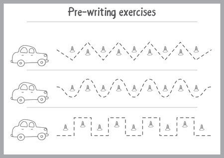 Basic writing exercises. Trace line worksheets for children. Preschool handwriting practice. Vector illustration. A4 - ready to print format.のイラスト素材