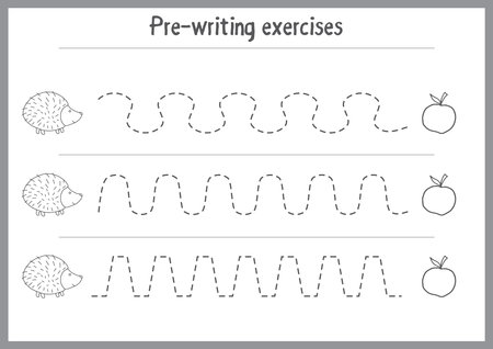 Basic writing exercises. Trace line worksheets for children. Preschool handwriting practice. Vector illustration. A4 - ready to print format.のイラスト素材
