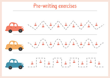 Basic writing exercises. Trace line worksheets for children. Preschool handwriting practice. Vector illustration. A4 - ready to print format.のイラスト素材