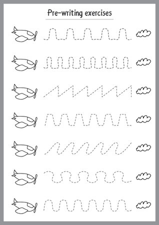 Basic writing exercises. Trace line worksheets for children. Preschool handwriting practice. Vector illustration. A4 - ready to print format.のイラスト素材
