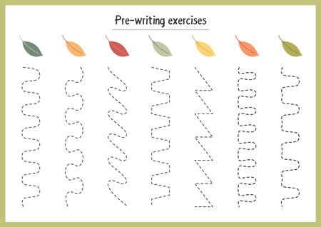 Basic writing exercises. Trace line worksheets for children. Preschool handwriting practice. Vector illustration. A4 - ready to print format.のイラスト素材