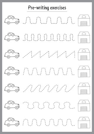 Basic writing exercises. Trace line worksheets for children. Preschool handwriting practice. Vector illustration. A4 - ready to print format.のイラスト素材