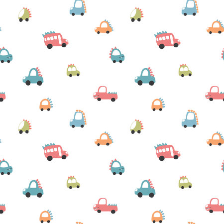 Cute Dino Cars Seamless Pattern, Childish Cartoon background, vector Illustrationのイラスト素材