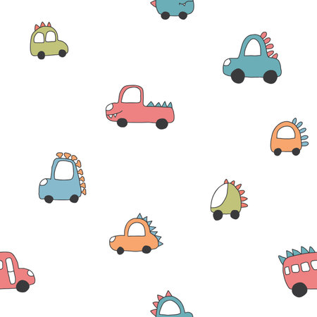 Cute Dino Cars Seamless Pattern, Childish Cartoon background, vector Illustrationのイラスト素材