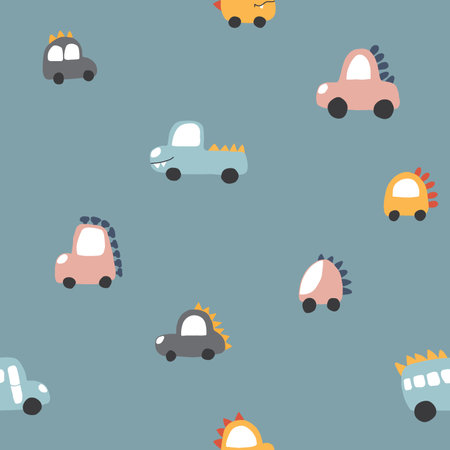 Cute Dino Cars Seamless Pattern, Childish Cartoon background, vector Illustrationのイラスト素材