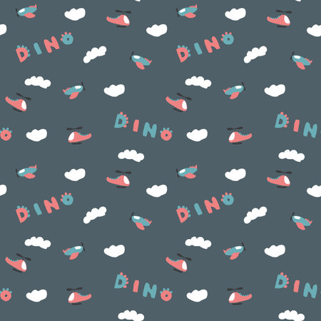 Cute Dino Airplanes and helicopters Seamless Pattern, Childish Cartoon background, vector Illustrationのイラスト素材