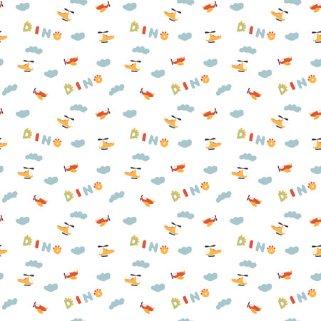 Cute Dino Airplanes and helicopters Seamless Pattern, Childish Cartoon background, vector Illustrationのイラスト素材