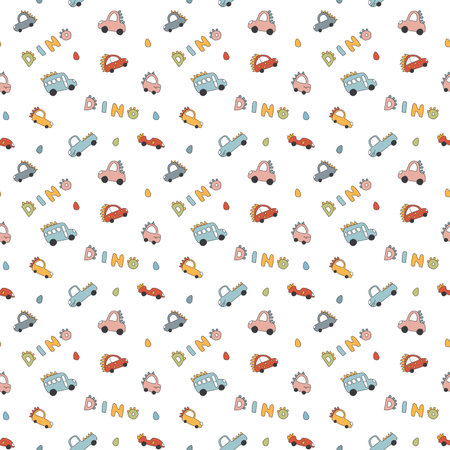 Cute Dino Cars Seamless Pattern, Childish Cartoon background, vector Illustrationのイラスト素材