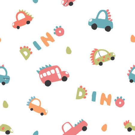 Cute Dino Cars Seamless Pattern, Childish Cartoon background, vector Illustrationのイラスト素材